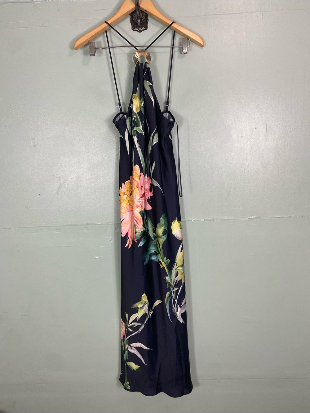 Anthropologie Halter Slip Midi Dress Navy Floral Bird Print XS - Picture 2 of 8